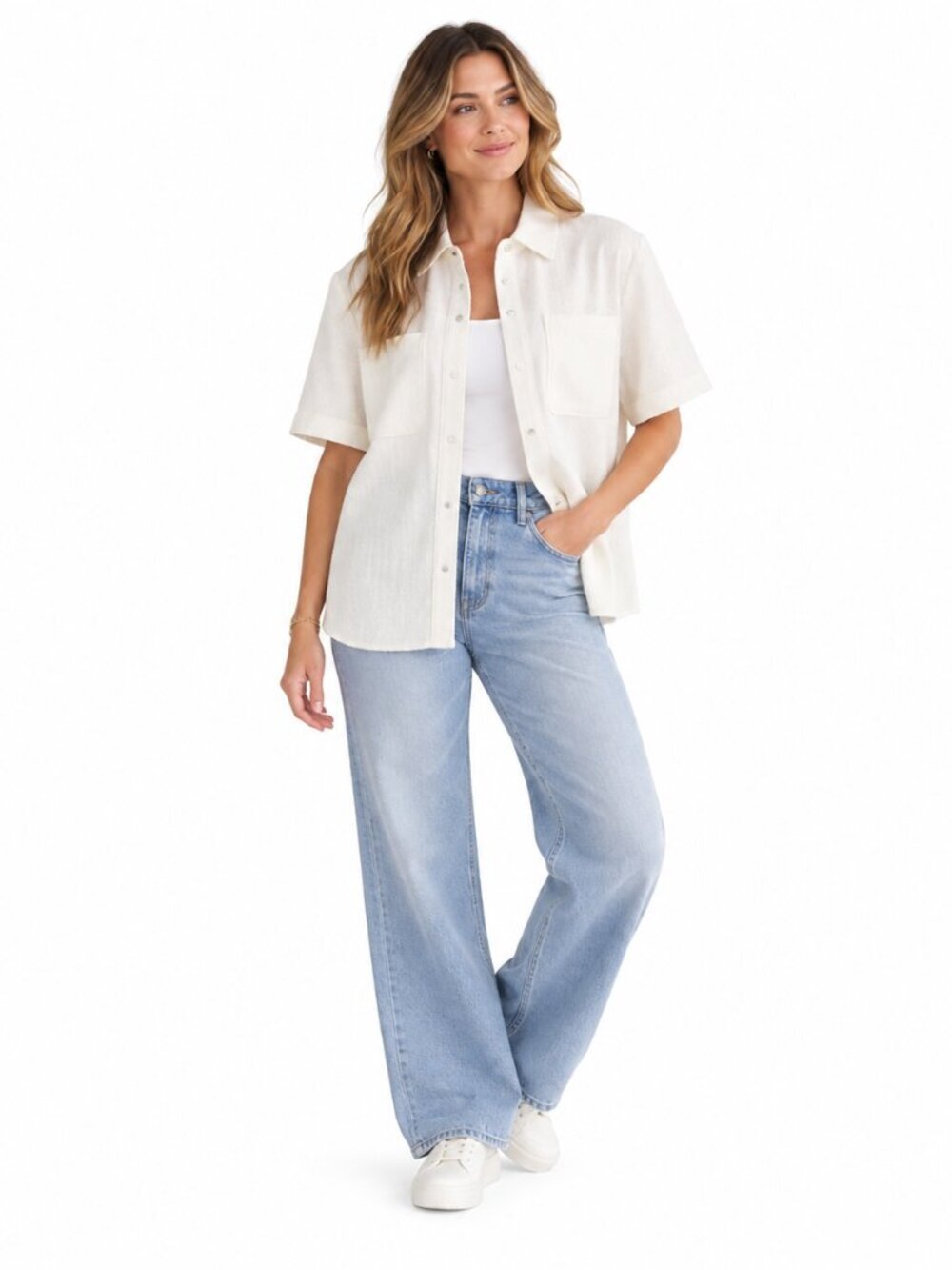 Zara Textured Snap Front Overshirt Shacket White XL Minimalist Short Sleeve